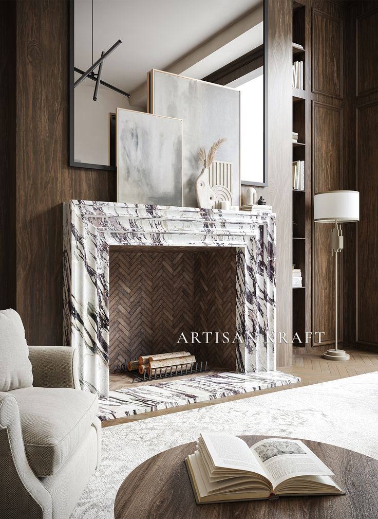 a living room with a book on the coffee table and a fireplace in the corner