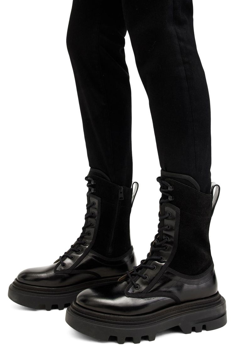 Take your off-duty style to the next level with this leather-and-suede lace-up boot grounded by a sturdy lug sole. 2 1/4" heel; 1 1/2" platform 9 1/4" shaft Lace-up style; side zip closure Leather upper and lining/synthetic sole Made in Portugal High-top Combat Boots For Workwear - Fall Season, Black Leather Combat Boots With Lace-up Fastening, High-top Lace-up Boots With Contrast Sole For Fall, Edgy Leather Lace-up Mid-calf Boots, Calf Leather Lace-up Boots With Contrast Sole, Leather Mid-calf Boots For Streetwear High-ankle, Winter Calf Leather Lace-up Boots With Lug Sole, Leather Mid-calf Boots For Streetwear, Winter Lace-up Boots With Rubber Sole In Calf Leather