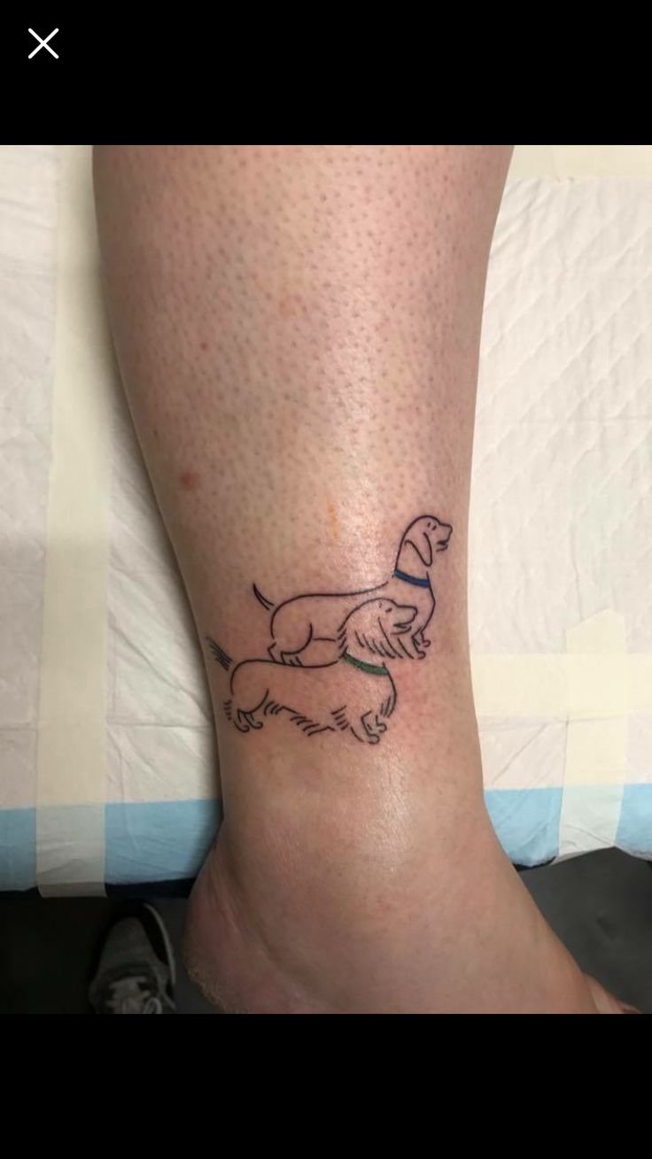 a small black and white dog tattoo on the leg, with a person's foot