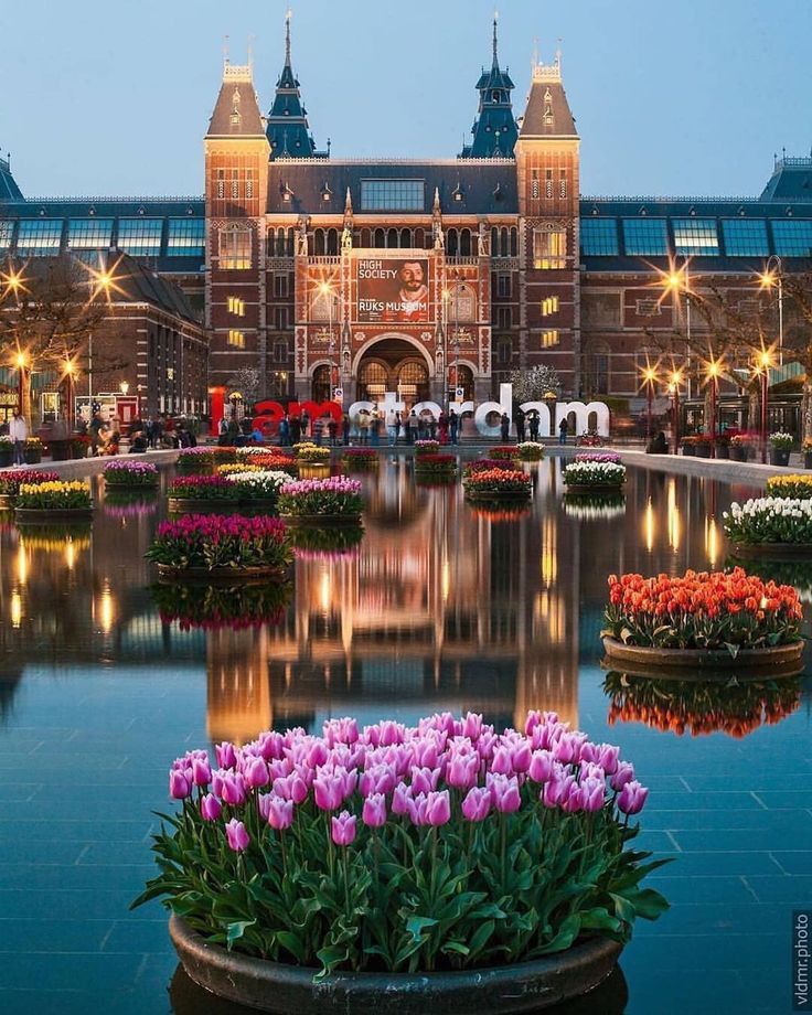 a large building with lots of flowers in front of it and lights on the roof