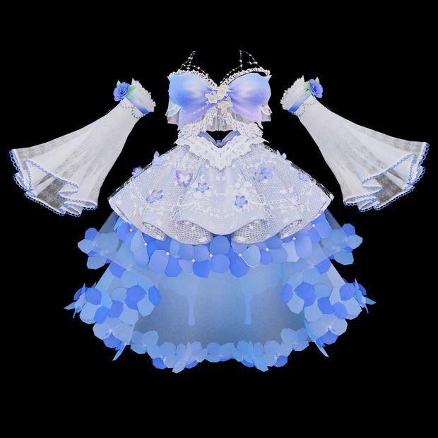 a blue and white dress on display against a black background in the shape of an angel