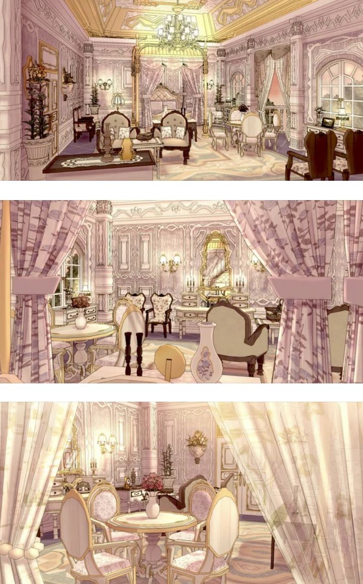 three different views of a living room and dining room