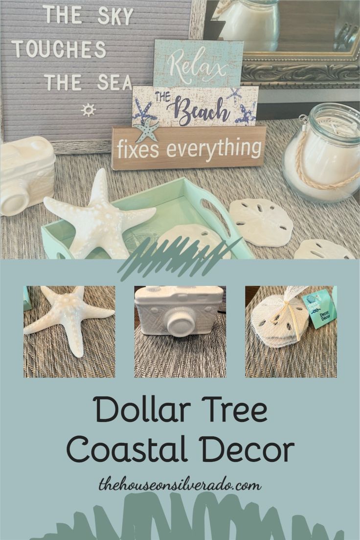 dollar tree coastal decor with text overlay that reads dollar tree coastal decor, the sky touches sea