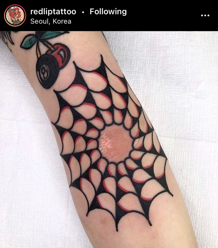 a spider web tattoo with cherries on it