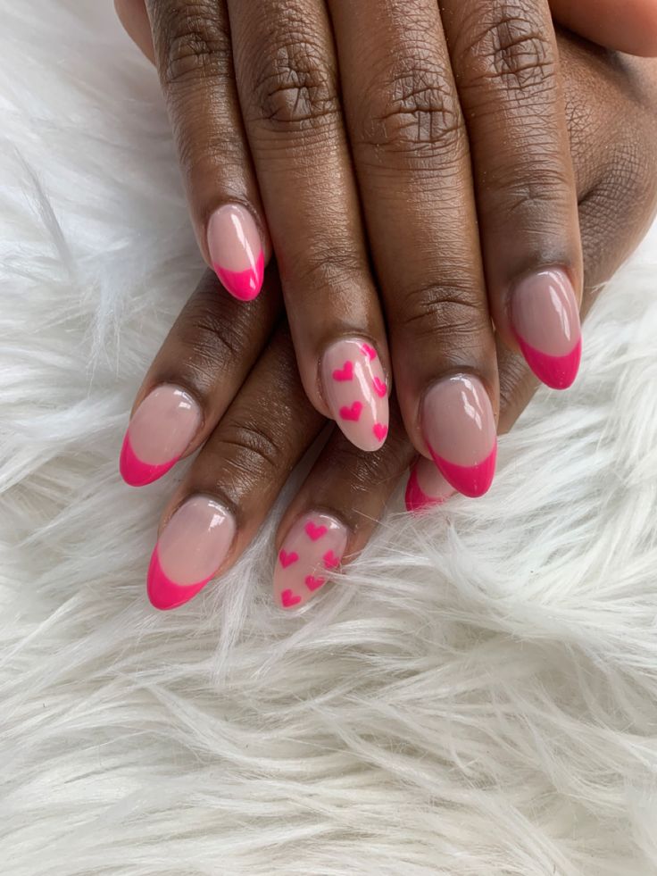 Pink nails idea + french tip Oval Heart Nails, French Tip Nails Round Shape, Valentine’s Day French Tip Nails, Nails Idea French, French Tip Hot Pink, S Nails Designs, Pink French Tip Almond Nails, Valentine Nails Acrylic, Pink French Tip Nails Almond