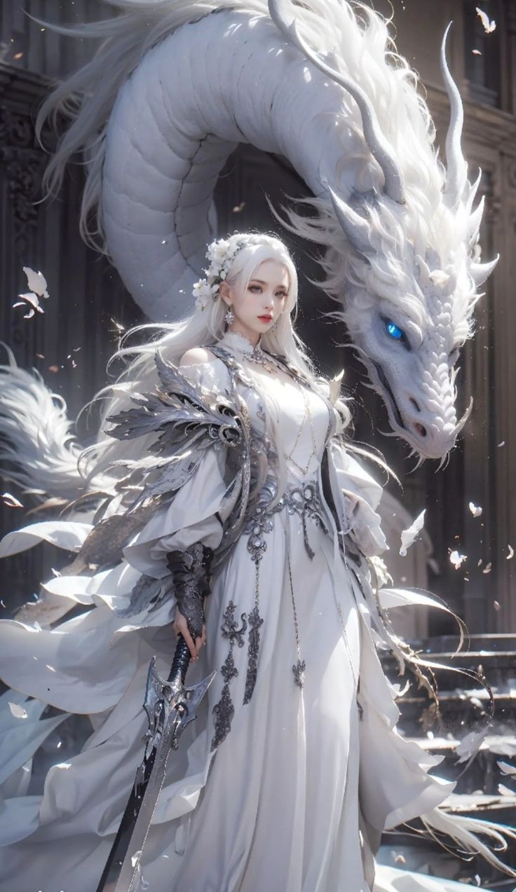 a woman dressed in white standing next to a dragon