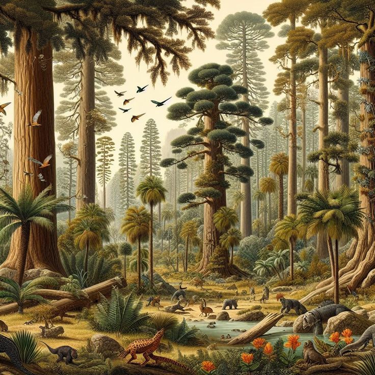 an image of a forest scene with animals and trees