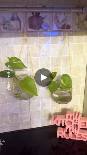 the kitchen wall is decorated with hanging planters and letters that read, how to grow houseplants