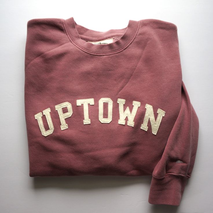 "The perfect vintage style sweatshirt that's already broken in with top stitched felt lettering. - This mauve unisex crewneck sweatshirt is so cozy and has that perfect, \"been washed 100 times\" look! The lettering is ivory wool felt top stitched to secure it to the front of the sweatshirt. Left sleeve has a cute embroidered pennant  ;) - Unisex sizing means that for WOMEN I recommend ordering a size smaller than your standard size or for an oversized look order your standard size. - Unisex siz Fall Varsity Sweatshirt In French Terry, Varsity French Terry Sweatshirt For Fall, Fall Streetwear Sweatshirt With Letter Embroidery, Fall Letter Embroidery Sweatshirt For Streetwear, Varsity Cotton Sweatshirt For Fall, Oversized Sweatshirt With Letter Embroidery For Fall, Oversized Fall Sweatshirt With Letter Embroidery, Vintage Fall Sweater With Letter Print, Vintage Letter Print Sweater For Fall