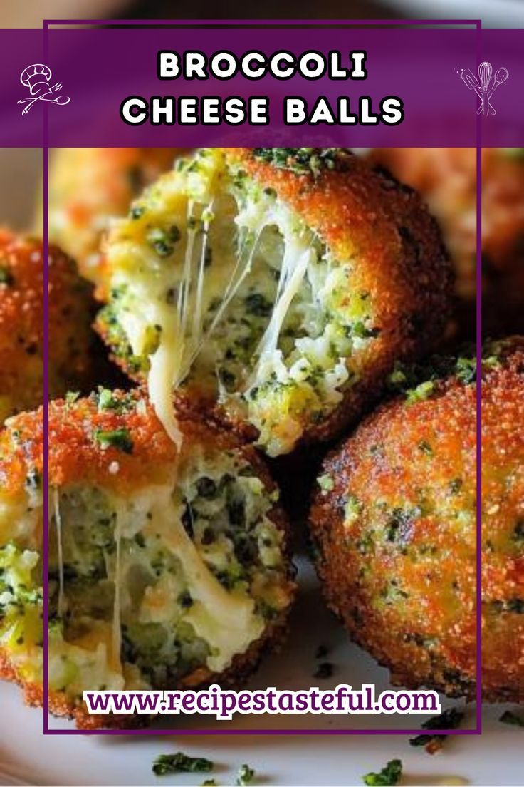 broccoli cheese balls on a plate with the words broccoli cheese balls