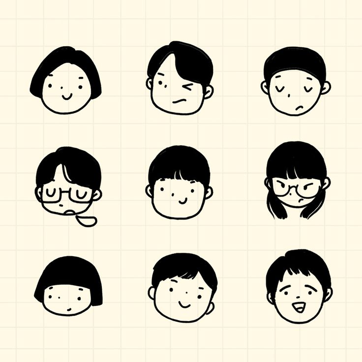 the faces of people with different expressions and haircuts are drawn in black ink