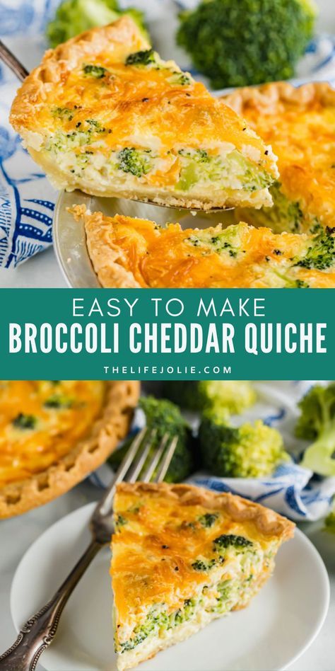 broccoli cheddar quiche on a white plate with blue and green plates