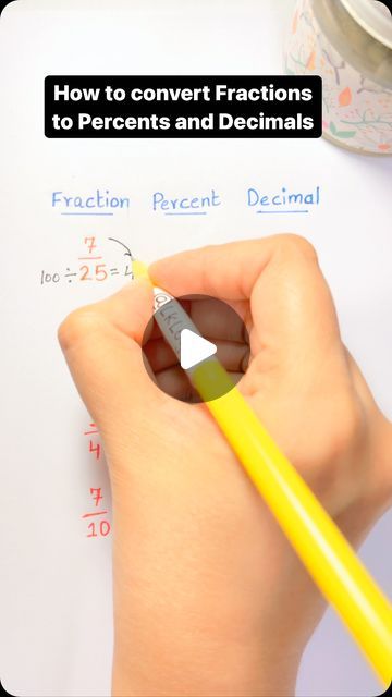 a person writing on a piece of paper with a pencil in their hand and the words how to convert fractions to percents and decimals