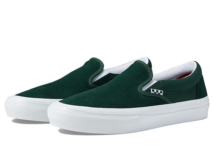 Vans Skate Slip-On - Men's Shoes : Wrapped Green/White : Step-up your skateboarding game with the Vans Skate Slip-On. This classic slip-on boasts branding tabs throughout, a higher side wall and now built extra tough to keep you going for longer skate sessions. Slip-on design with round toe. Reinforced DURACAP suede and canvas uppers. Newly designed two-part foxing tape that offers a deeper knurl pattern on the toe. Padded collar. Elastic side accents. POPCUSH energy return sockliner and removab Vans Slip-ons With Vulcanized Sole For Streetwear, Vans Vulcanized Sole Slip-ons For Streetwear, Vans Slip-ons For Streetwear, Sporty Vans Slip-ons, Sporty Slip-on Sneakers For Skateboarding, Vans Slip-on Sneakers For Skateboarding, Vans Slip-on Skate Shoes For Streetwear, Urban Slip-on Skate Shoes For Streetwear, Urban Slip-on Skate Shoes For Sports