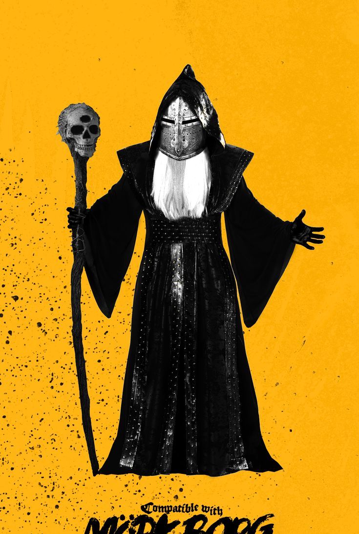 a poster with a wizard holding a sceptacle