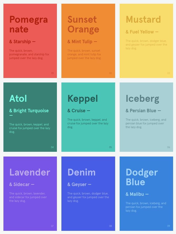 the different font styles and colors for each type of text, including orange, blue, yellow