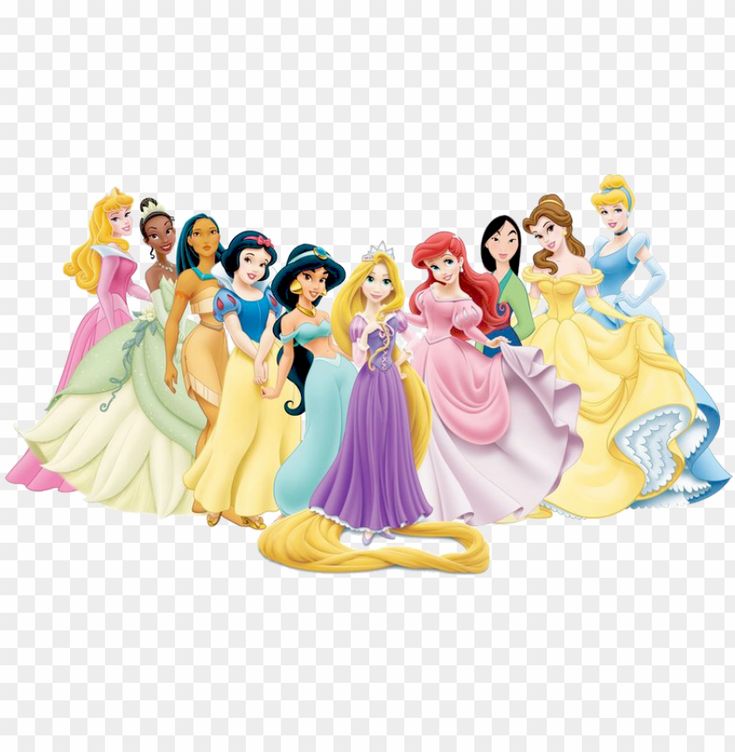 disney princesses with their dresses in different colors and sizes, transparent background png