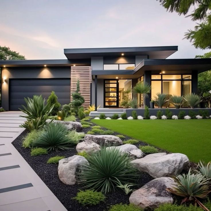 a modern house with grass and rocks in the front yard