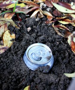 an empty soda can sitting in the dirt