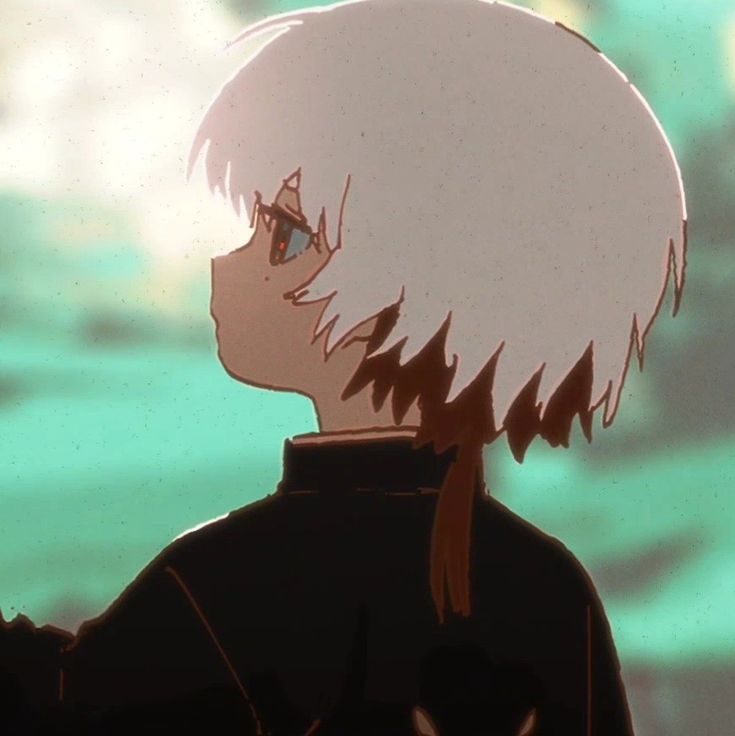 an anime character with white hair looking off into the distance