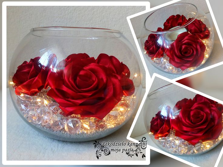 three pictures of red roses in a glass bowl with water and led lights on the bottom