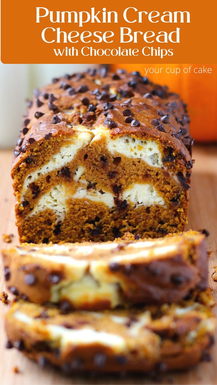 a loaf of chocolate chip pumpkin bread on a cutting board