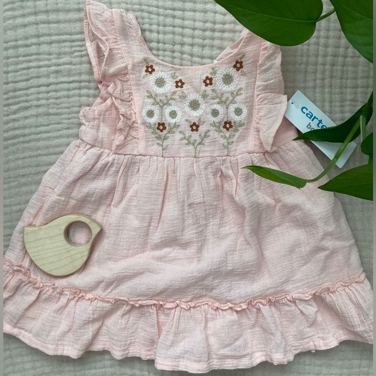 Carter’s Pink Dress With Embroidered Flowers Nwt Short Sleeve Dresses With Floral Embroidery For Playtime, Summer Floral Embroidery Dresses For Playtime, Cute Sleeveless Dress With Floral Embroidery, Cute Embroidered Short Sleeve Cotton Dress, Casual Sleeveless Dress With Floral Applique, Cute Cotton Embroidered Spring Dress, Cute Spring Embroidered Cotton Dress, Cute Embroidered Dress For Spring, Cute Cotton Embroidered Short Sleeve Dress