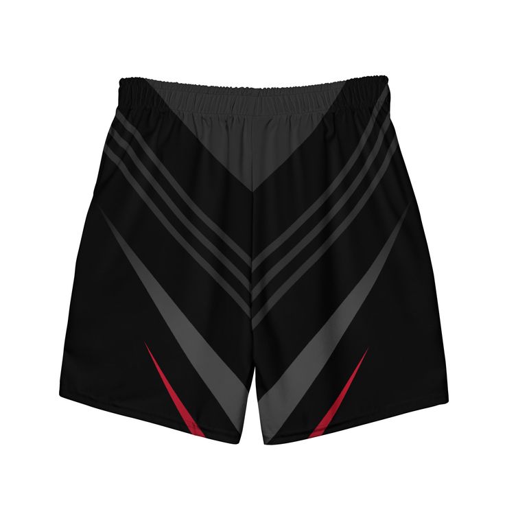 These men's swim trunks are perfect for a hot summer day. They are quick-drying, breathable, and have multiple pockets for your belongings. The silky, anti-chafe inner liner ensures maximum comfort. The trunks feature a stylish striped black, red, and gray geometric line pattern with a boho aesthetic and art deco design. These swim trunks are a great choice for anyone looking for a comfortable and fashionable bathing suit for summer activities. Don't wait, get yours now! • Fabric composition: (may vary by 5%) 91% recycled polyester, 9% spandex• Liner composition: 92% polyester, 8% spandex• Fabric weight (may vary by 5%): 5.13 oz/yd² (174 g/m²) • Four-way stretch water-repellent microfiber fabric• Anti-chafe mesh inner liner• Elastic waistband with drawcord• Mesh pockets• Small inside pocke Black Athletic Shorts With Built-in Shorts For Summer, Black Swim Trunks With Built-in Shorts For Beachwear, Summer Training Swim Trunks Short, Training Swim Trunks For Summer, Summer Swim Trunks With Built-in Shorts For Training, Black Beachwear Shorts, Black Boxer Briefs For Summer Training, Short Swim Trunks For Summer Sports Events, Summer Short Swim Trunks For Sports