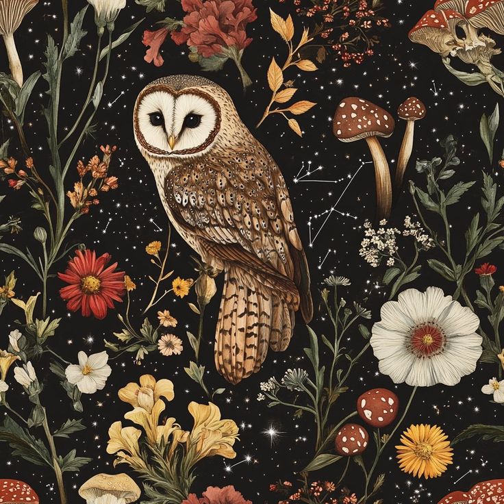 an owl sitting on top of a lush green field next to mushrooms and flowers with stars in the sky