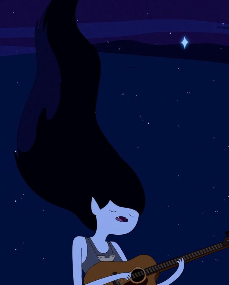 a cartoon girl holding a guitar in the night sky with stars on her head and long black hair