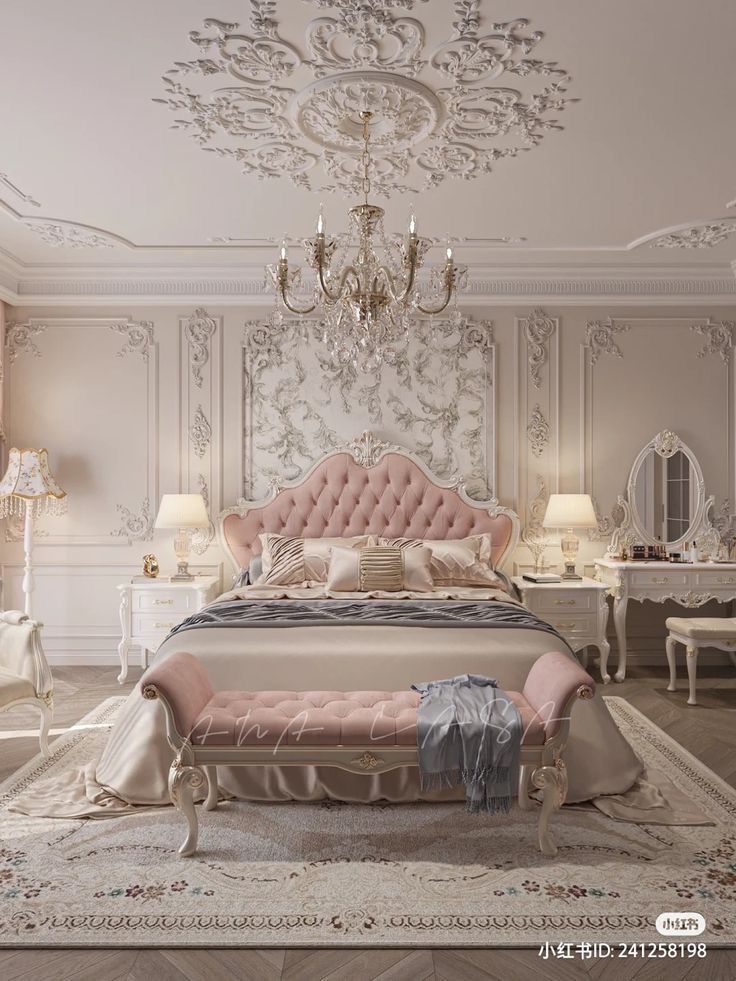 an elegant bedroom with pink furniture and chandelier