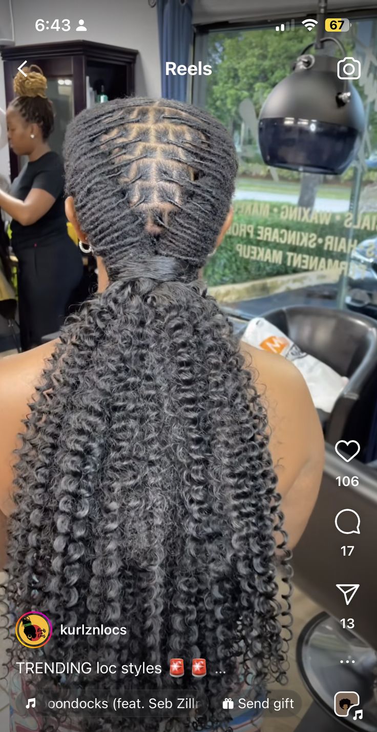 Locs Hairstyles For Homecoming, Locs Low Ponytail Styles, Curly Loc Ponytail Styles, Loc Curly Ponytail, Loc Ponytail Extension, Homecoming Hairstyles Locs, Braided Ponytail With Locs, Loc Styles For Winter, Loc Style For Wedding