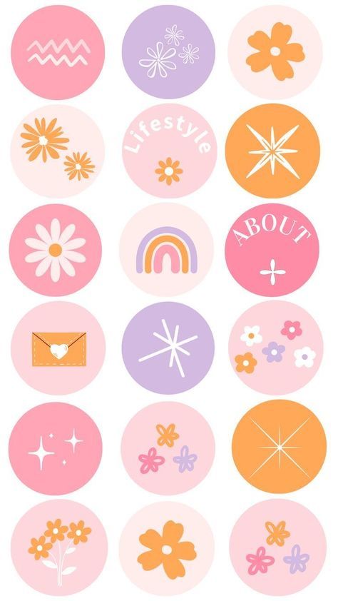 some different types of stickers on a white background with pink and orange flowers, rainbows