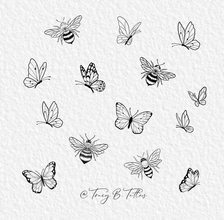 a bunch of butterflies flying in the air with some writing on it's side