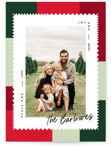 a christmas card with an image of two adults and one child on it, in red green and white stripes