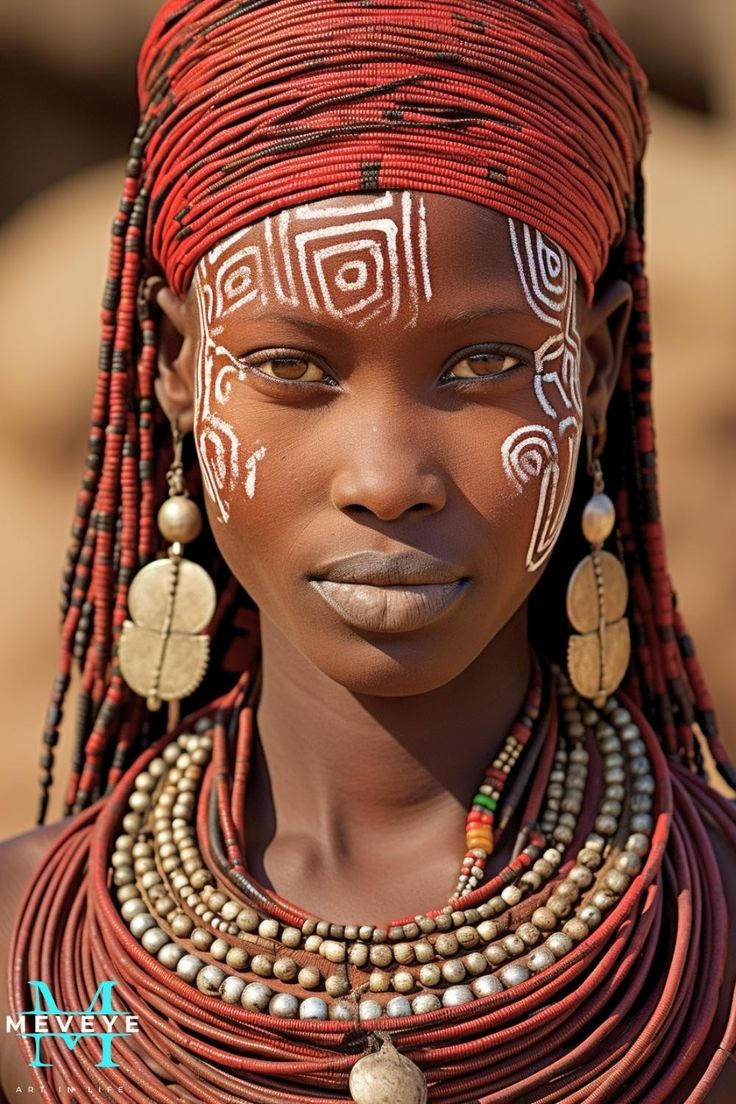 an african woman with painted on her face and headdress, wearing necklaces