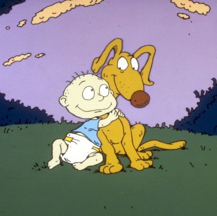 a cartoon character hugging a dog in the grass