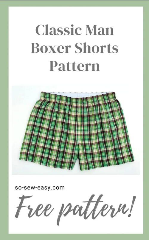 the classic boxer shorts pattern is shown in green and white checkered fabric, with text that