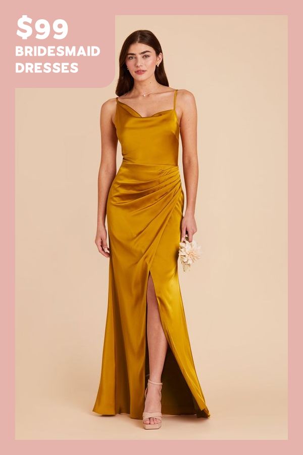 a woman in a yellow dress with the words $ 99 bridesmaid dresses on it