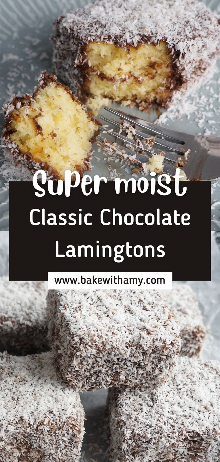 a close up of a plate of desserts with powdered sugar on top and the words super moist classic chocolate lamingtons