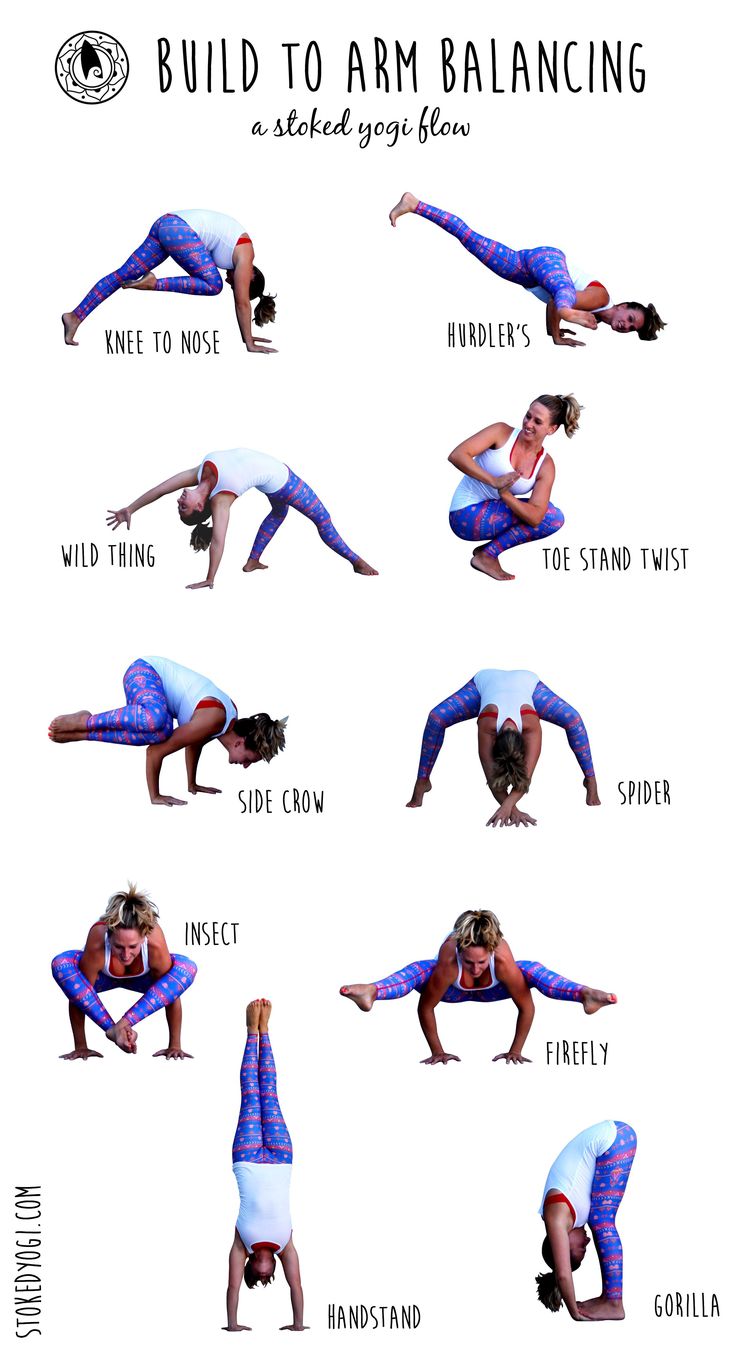 a woman doing yoga poses with the words build to arm balancing