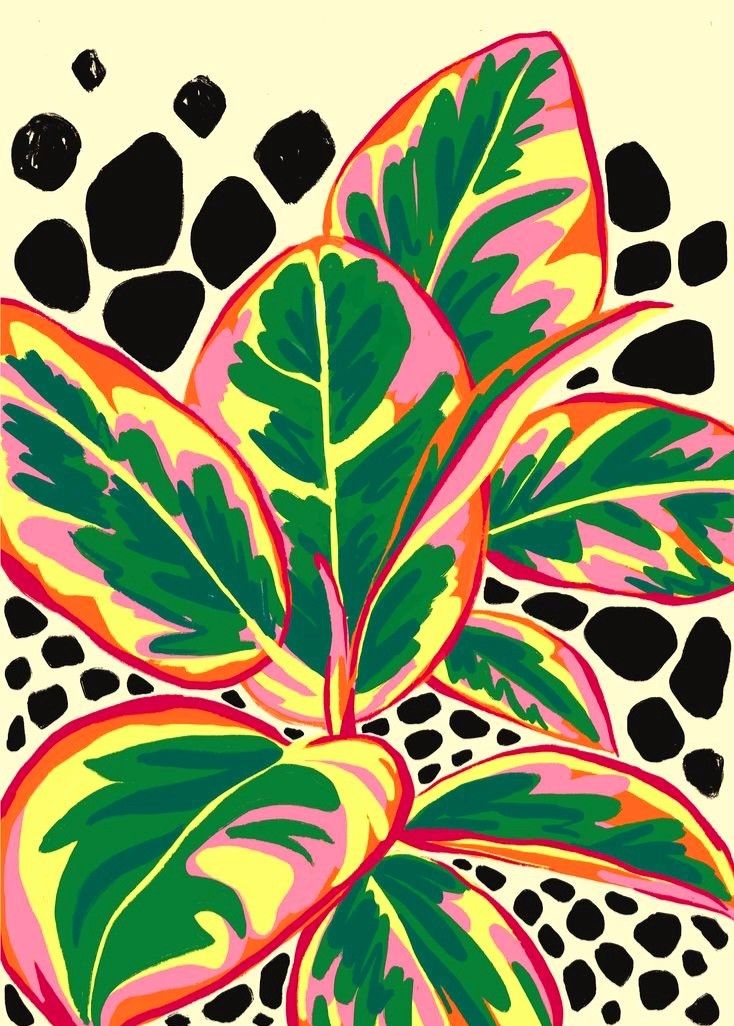 a painting of a plant with green leaves and black spots on the ground, in front of a white background