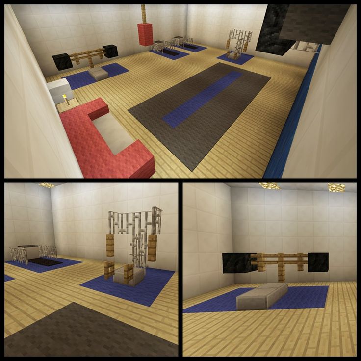 four different views of a room with blue and red rugs on the floor, one is empty