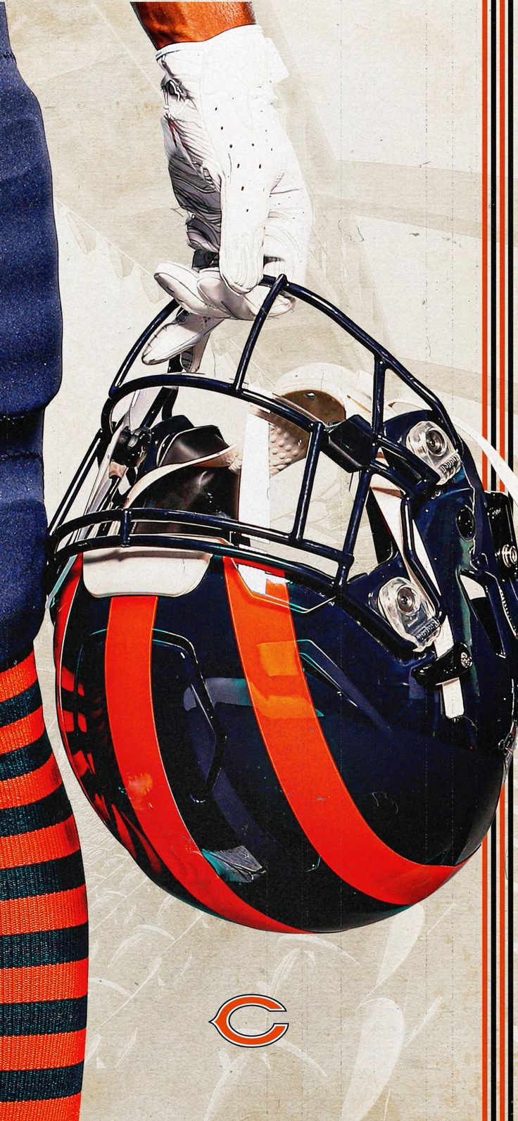 a football helmet with the chicago bears on it and a striped sock is seen in this image