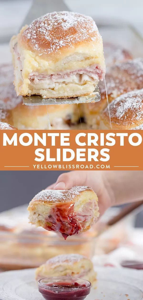 a close up of a pastry with powdered sugar on it and the words monte cristo sliders below