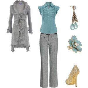 Grey Gray Outfit, Professional Outfit, Ruffle Cardigan, Cute Work Outfits, Teal Blouse, Turquoise Grey, Pretty Colors, Color Combo, Work Attire