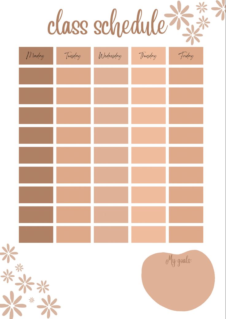 a printable class schedule with brown and white flowers on the side, in front of a