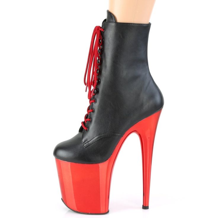 8" High Heel, 4" Platform Lace Up Ankle Boots. Red Chrome Plated Bottom. Inside Zipper Closure. Vegan Black Faux Leather. Styles: Stripper Gogo Pole Dance Clubbing Dancing Club Dancer Malf-1020 Red High Heel Platform Boots, Black High Ankle Boots With Red Sole, Red Faux Leather High Heels, Red High Heel Faux Leather Heels, Red High-top Platform Boots For Party, Red Round Toe Heeled Boots For Night Out, Red Ankle Platform Boots, Red Leather Platform Heeled Boots, Red High Heel Synthetic Boots