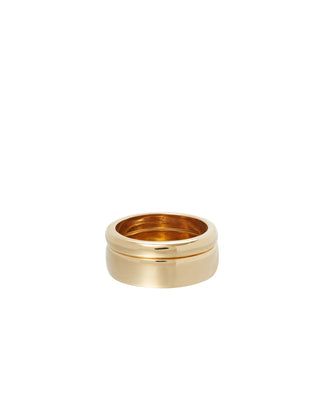 Sleek Banded Rings – Roxanne Assoulin Gold Brass Rings With Round Band, Classic Gold Stackable Brass Rings, Gold Stackable Rings With Wide Band, Classic Gold-tone Rings, Classic Gold Plated Ring With Thick Band, Classic Gold Plated Thick Band Ring, Gold Wide Band Stackable Rings Gift, Gold-tone Rings With Polished Finish, Gold Thick Band Classic Midi Ring