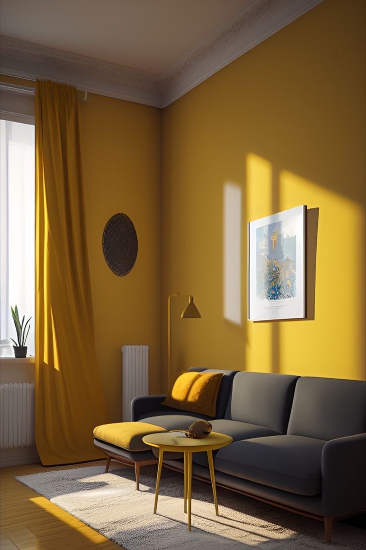 a living room with yellow walls and grey furniture